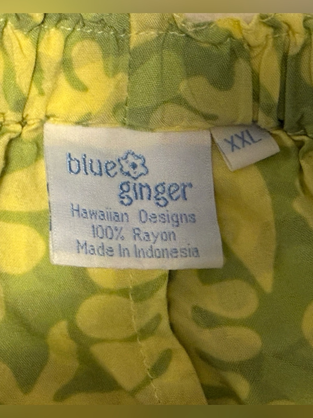 Ws XL Hawaiian Capri Pants, Elastic Waist, Green & Yellow Leaf-Print